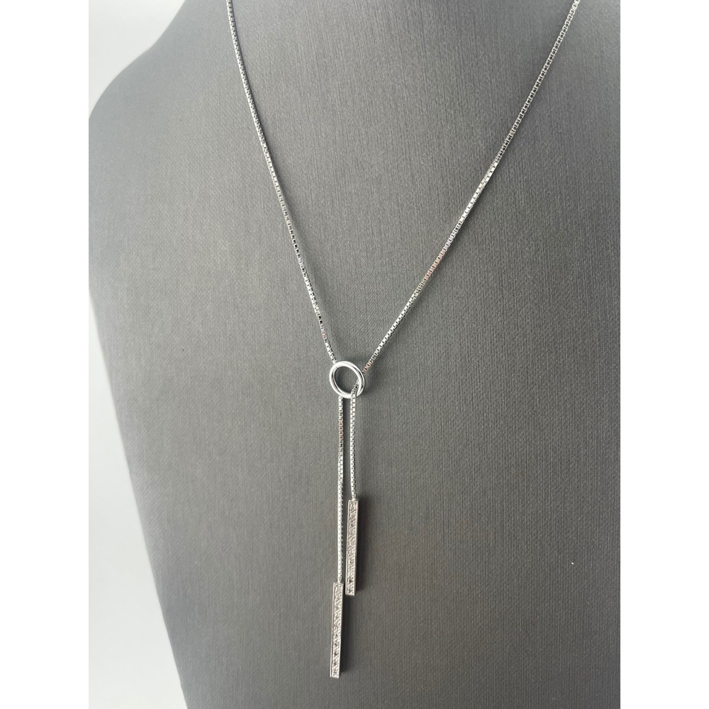 Sterling Silver CZ Lariat Y Necklace Adjustable Box‎ Chain Pavé Bar Drop Pendant - Picture 4 of 10